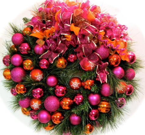 non traditional christmas decorations - Google Search Christmas Wreath Pink, Pink Christmas Wreath, Orange Christmas, Traditional Christmas Decorations, Bright Christmas, Outdoor Holiday Decor, 3d Christmas, Orange And Pink, Beautiful Wreath