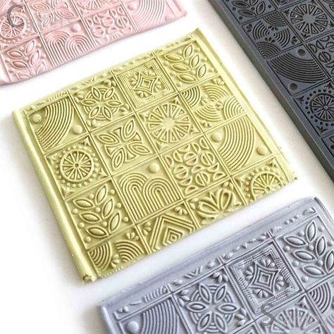 Clay Patterns Texture, Clay Tiles Designs, Clay Imprints, Polymer Clay Texture, Tiles Designs, Clay Arts, Pattern Stamping, Clay Clay, Handmade Clay Jewelry