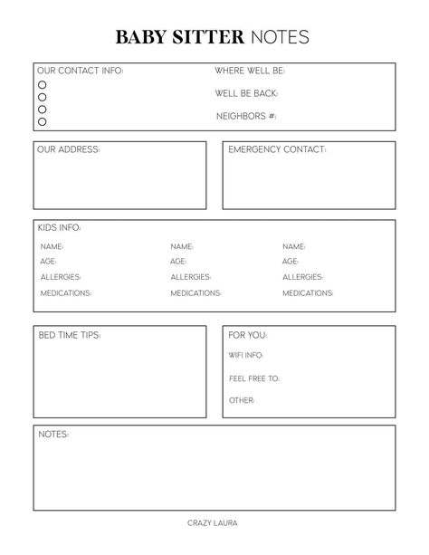 Looking for an easy way to provide your baby sitter with important information? Check out these free baby sitter printable pages! Babysitting Forms Free Printable, Babysitter Printable Free, Baby Sitter Flyer Ideas, Babysitter Flyer Templates, Nanny Binder, Babysitter Info Sheet, Babysitter Printable, Babysitter Checklist, Babysitting Flyers