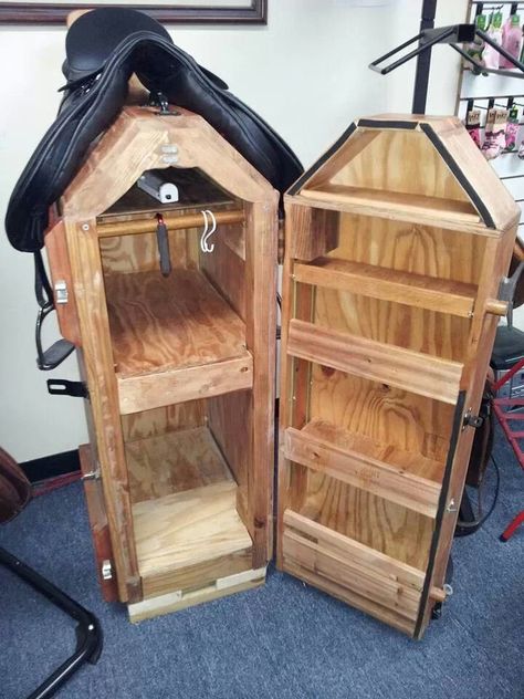 Saddle rack with storage. Saddle Rack Ideas, Saddle Pad Storage, Tack Storage, Tack Locker, Tack Room Organization, Equestrian Clothes, Horse Tack Rooms, Saddle Racks, Saddle Stand