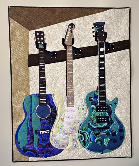 Guitar Collage, Guitar Quilt Block Patterns, Guitar Quilt Pattern, Music Note Quilt Block, Guitar Quilts Ideas, Guitar Quilt, Music Themed Quilts Patterns, Hanging Guitars, Crochet Music