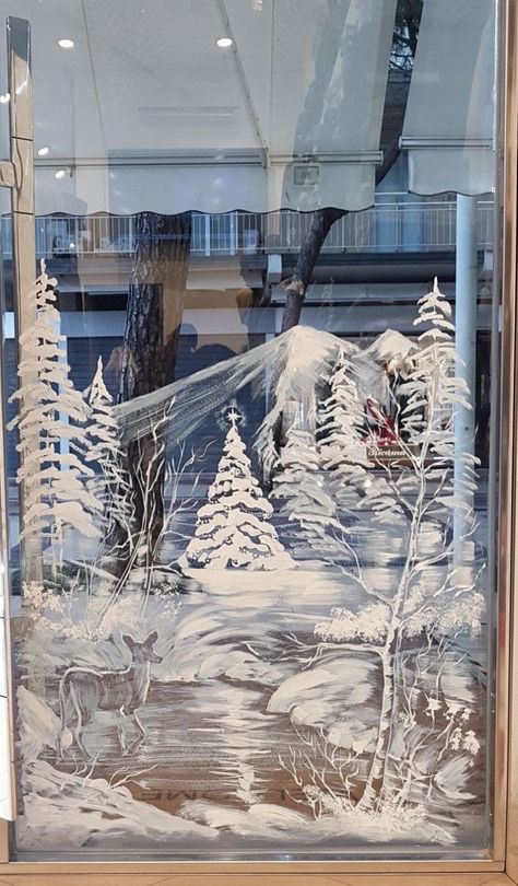 Snowy Window Painting, Nativity Scene Window Painting, Window Snow Art, Fake Snow Window Ideas, Snow Window Art, Winter Window Painting Ideas, Window Painting Ideas, Christmas Salon, Snow Window