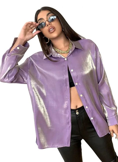 Metalic Shirt Outfit, Plain White Blouse, Manset Lengan, Silk Button Down Shirt, Plain Tunic, Metallic Blouses, Oversized Blouse, Shirt Blouses Tops, Purple Shirt