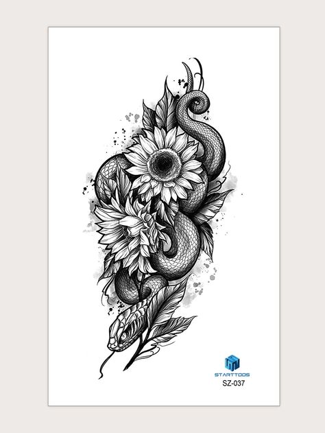 Snake And Daisy Tattoo, Snake And Sunflower Tattoo, Snake And Sunflower Tattoo Design, Snake With Flowers Tattoo Design, Snake Flowers Tattoo Design, Black Snake Flower Tattoo, Tatuaje Studio Ghibli, Snake Patterns, Sunflower Tattoo