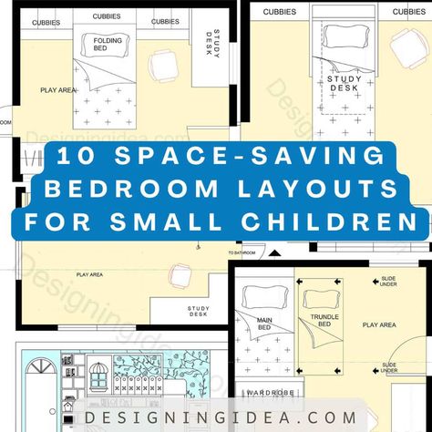 Space saving bedroom layouts for small children including different furniture and storage options you can use. Small Bedroom Floor Plan Layout, Small Twin Bedroom Ideas Layout, Kids Bedroom Layout Floor Plans, Boys Room Ideas Small Space, Small Bedroom Two Children, Small Bedroom Layout Kids, Kids Room Layout Floor Plans, Small Kids Room Layout, Kids Bedroom Layout Ideas