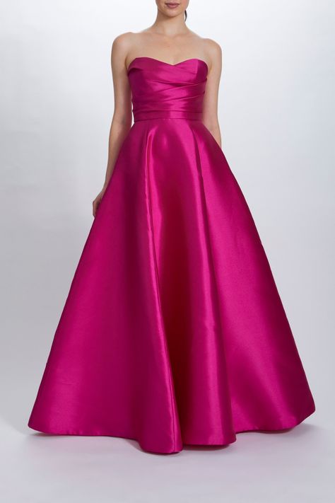 Mikado draped bodice strapless ball gown. Styled with matching cocoon. Shown in Fuchsia. Amsale Bridal, Carolina Herrera Gown, Strapless Ball Gown, Amsale Dress, Draped Bodice, Stunning Prom Dresses, Prom Dresses Sleeveless, Perfect Prom Dress, Beautiful Prom Dresses