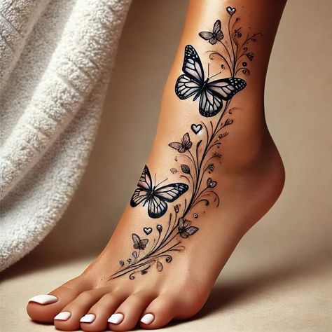 Top Of The Foot Tattoos, Foot Butterfly Tattoo, Feet Tattoos For Women Beautiful, Unique Leg Tattoos Women, Trendy Tattoos For Women, Butterfly Tattoo Ankle, Butterfly Foot Tattoo, Cute Foot Tattoos, Ankle Tattoos For Women