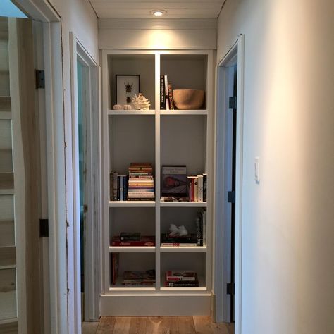 Bookcase at the end of the hall #3 End Of Hallway Bookcase, End Of Hall Bookshelf, Wall Inserts Built Ins, End Of Hallway Bookshelf, Basement Bookcase, End Of Hallway Ideas, End Of Hallway, Bookshelf Small, Wall Insert