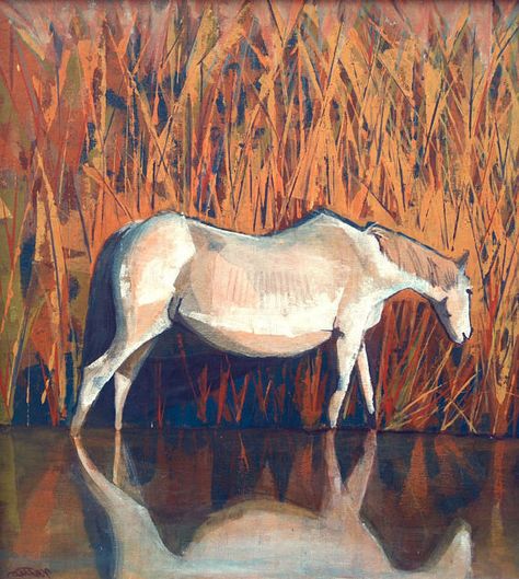 Printable artwork of original acrylic painting on canvas, with white horse drinking water. Beautiful nature background made with a palette knife, horse body reflecting in calm water - this motive is an awesome gift for all horse and nature lovers. Horse On Beach Painting, Galloping Horse Painting, White Horse Painting, Horse Impressionist Art, Seven Horses Running Painting, Running Horse Painting Acrylic, Painted Horses, Rustic Wall Hangings, Horse Print