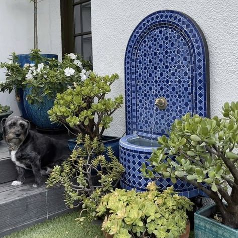 Moroccan Water Feature, Corfu House, Ceramic Garden Art, Mosaic Water, Tile Fountain, Moroccan Fountain, Moroccan Courtyard, Mosaic Patio Table, Moroccan Arch