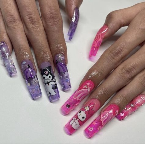 Kurumi Nails, Purple Acrylic Nails, Long Acrylic Nail Designs, Anime Nails, Crazy Nails, Really Cute Nails, Nails Only, Acrylic Nails Coffin Short, Kawaii Nails