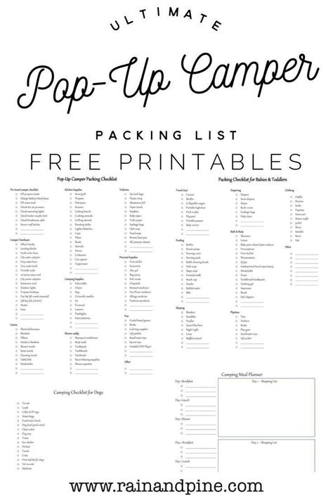 Ultimate Pop-Up Camper Packing List + FREE Printables Includes all the packing lists youll need for camping with a family! Packing for babies & toddlers, dogs, packing a pop-up camper and a 9-day meal planner. www.rainandpine.com Camper Packing List, Camping Meal Planner, Camping Hacks With Kids, Camping With Toddlers, Camping Packing List, Camping List, Popup Camper, Packing Checklist, Packing Lists