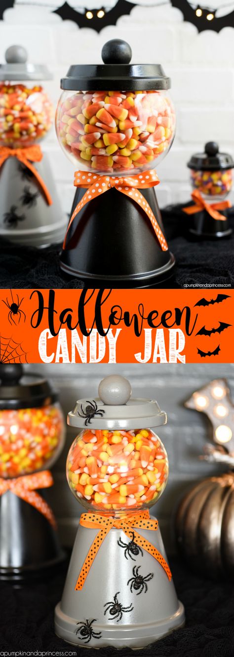 How to make a Halloween candy jar made out of a terra cotta pot, saucer, a glass… Diy Halloween Candy Jar, Tenant Gifts, Halloween Candy Jar, Diy Halloween Candy, Dollar Store Halloween Decorations, Clay Roses, Dulces Halloween, Halloween Decor Diy, Dollar Tree Pumpkins