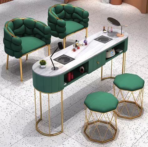 Shenzhen Funroad Exhibition & Display Co., Ltd Hair Salon Chairs Ideas, Green Nail Room, Manicure Furniture, Green Beauty Salon Interior Design, Green Nail Salon, Nail Station Ideas, Nails Station, Manicure Table Nail Station, Modern Nail Salon