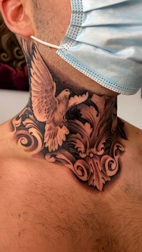 Neck Tattoo for Men Back Of Neck Tattoo Men, Chest Neck Tattoo, Simple Neck Tattoos, Brust Tattoo Frau, Neck Tattoos For Men, Hals Tattoo Mann, Front Neck Tattoo, Full Neck Tattoos, Neck Tattoo Ideas