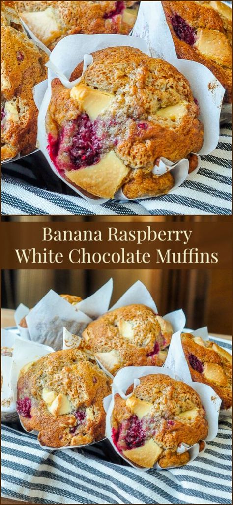 Banana Raspberry White Chocolate Muffins - a banana muffin base recipe that's bursting with pockets of tart raspberry and sweet white chocolate. An outstanding flavour combination. Muffin Base Recipe, Raspberry White Chocolate Muffins, Muffin Base, Raspberry And White Chocolate Muffins, Tart Raspberry, White Chocolate Muffins, Muffins Blueberry, Raspberry White Chocolate, Banana Muffin