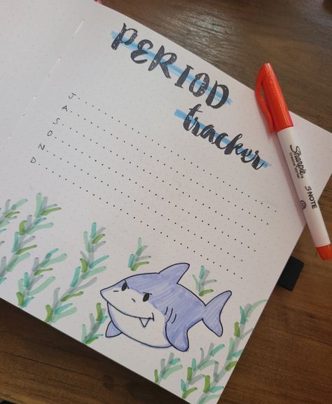 Period tracker bullet journal page /shark week theme under the sea seaweed Shark Week Bullet Journal, Journaling Themes, Journaling Page Ideas, Beginners Journaling, Reading Journal Pages, Journal Period Tracker, Bullet Journal Period Tracker, Journaling Reading, Journaling Ideas For Beginners