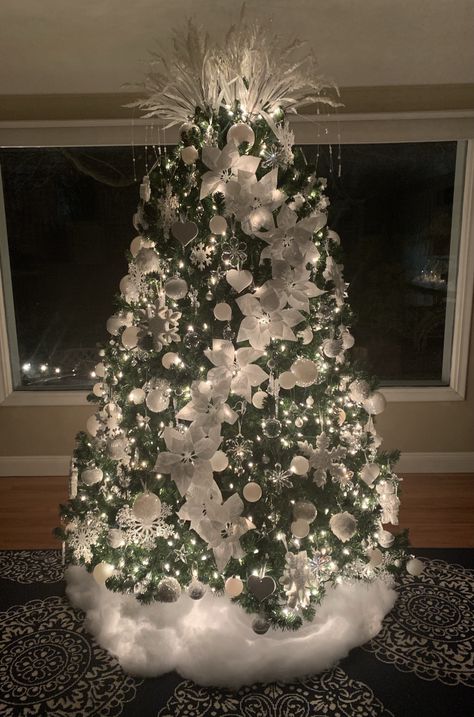 Ideas For Decorating Under The Christmas Tree, White Decorations On Christmas Tree, Silver Snowflake Christmas Tree, White Deco Mesh Christmas Tree, Let It Snow Theme Christmas Tree, Christmas Tree Ideas Grey Living Room, White Decor For Christmas Tree, All White Xmas Tree, White And Silver Tree Decorations