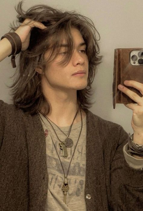 Male Shoulder Length Hairstyles, Hair Styles For Guys With Long Hair, Fluffy Medium Hair Men, 90s Grunge Aesthetic Hair, Long Grunge Hair Men, Metalhead Hairstyles Man, Men’s Hairstyles Wolfcut, Male Faceclaims Long Hair, Cryptidcore Hairstyles