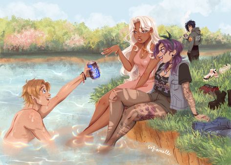 Conversation maybe: Sam: HA I GOT IT! [Bursts out of the water] Leche: [whispers to abigail] Does he always just jump into the pond and fish these out??? Abigail: [whispers back] yeah pretty much...... Farmer Character, Stardew Valley Fanart, Farm Layout, A Farmer, Stardew Valley, The Pond, Art Show, Pretty Art, The Valley