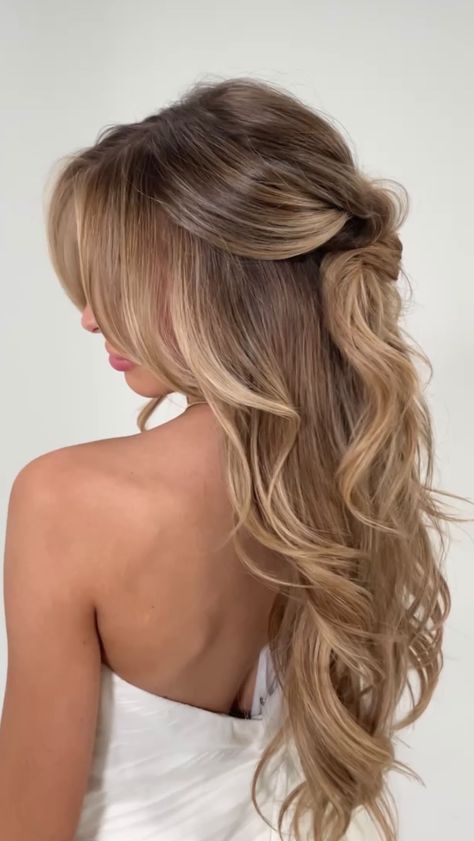 Hannah Moore ARIZONA/OC HAIRSTYLIST | ✨Easy half-up inspo✨ with @hairby_chrissy and @habitevents !! Coming to Orange County May 2nd DM now to book! #halfupstyle… | Instagram Loose Half Up Half Down Bridesmaid Hair, Bridal Hair Down Curtain Bangs, Volume Half Up Half Down Wedding Hair, Wedding Hair Volume Half Up, Bridal Half Up Half Down Ponytail, Wedding Hair Blowout Half Up, Wedding Hair Maid Of Honor, Blowout Curls Half Up Half Down, Beach Wave Half Up Half Down