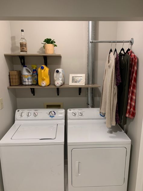 Over Dryer Storage, Laundry Room Nook, Washer Dryer Closet, Laundry Inspiration, Small Laundry Closet, Hide Pipes, Laundry Room Drying Rack, Washing Room, Basement Organization