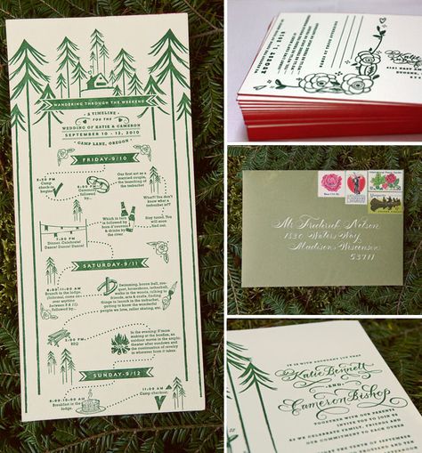 I like this invitation for a weekend camping wedding. The layout (with the dotted trail) is cute. Creative Wedding Invitations Design, Campground Wedding, Summer Camp Wedding, Cabin Wedding, Creative Wedding Invitations, Alternative Wedding Dresses, Camp Wedding, Invitation Inspiration, Unique Wedding Invitations