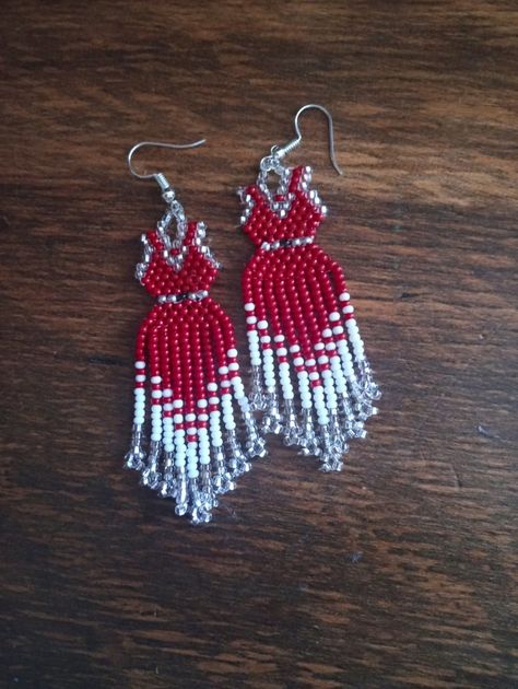 Red Dress Beaded Pin, Beaded Red Dress Pin, Beaded Red Dress, Red Beaded Dress, Beaded Orange, Beaded Dresses, Dress Earrings, Beaded Jewelry Earrings, Native Beading Patterns