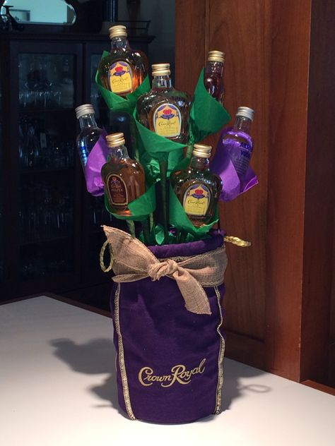 Liquor bottle bouquet. Crown bouquet. Crown Royal Gift Basket, Crown Royal Gift Ideas, Mini Liquor Bottle Bouquet, Liquor Bottle Bouquet, Liquor Baskets, Liquor Basket, Crown Bouquet, Booze Bouquet, Alcohol Bouquet