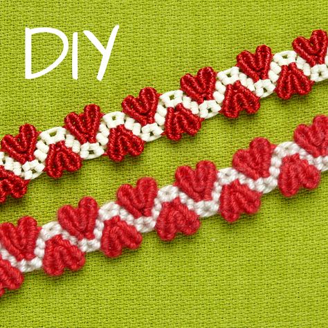 DIY Easy Valentine's Day Heart Bracelet #valentinesday #hearts #bracelet #hertbracelet #macrame #macramebracelet #heartpattern #macrametutorial #macramepattern #jewelrymaking #diyjewelry #micromacrame #tutorial Heart Bracelet Yarn, Valentines Diy Bracelets, Valentine’s Day Friendship Bracelet, Macrame Heart Bracelet Tutorial, Valentine Friendship Bracelet, Macrame Owl Keychain, Heart Bracelet Tutorial, Macrame Heart Bracelet, Macrame Owl Tutorial