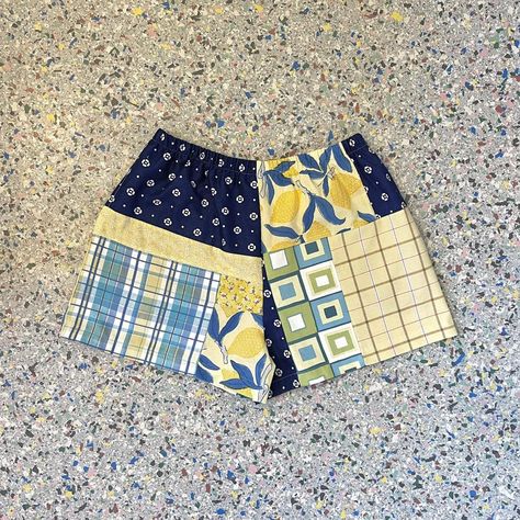 Handmade Blue and Yellow Patchwork Shorts 

Designed... - Depop Patchwork Shorts, Designer Shorts, Blue And Yellow, Made By Me, Lemon, Plaid, My Style, Sewing, Yellow