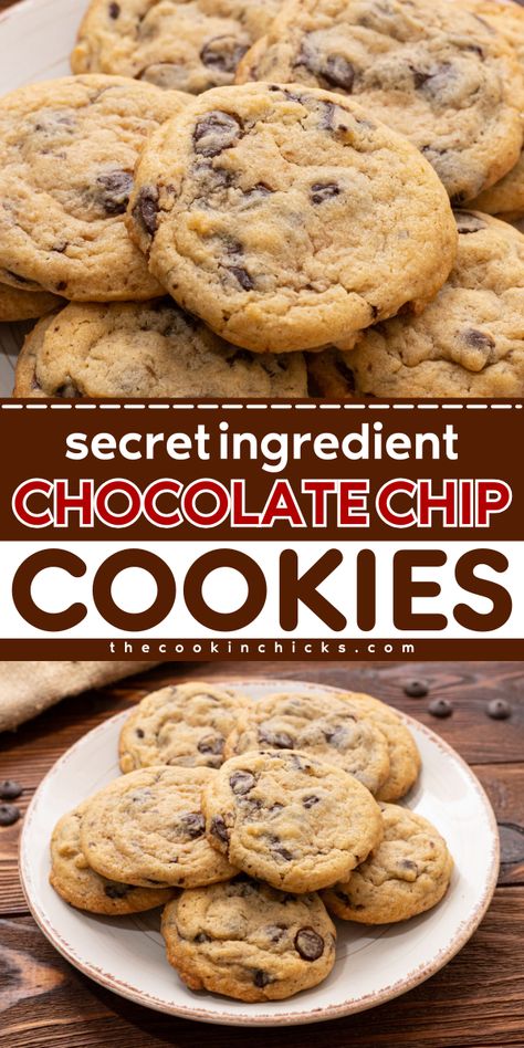 These Secret Ingredient Chocolate Chip Cookies are the best for your holiday baking recipes. Having only a few ingredients, these ultimate chocolate chip cookies have a crisp outside and chewy inside. These are perfect for your Christmas dessert ideas. Serving these easy Christmas cookies is a sure win for your family and loved ones. One Cookie Recipe Different Cookies, Bake Sale Chocolate Chip Cookies, Chocolate Chip Cookies With Almonds, Christmas Cookies Recipes Chocolate Chip, Chocolate Chip Cookie Hacks, Secret Ingredient Chocolate Chip Cookies, Pot Cookies Recipes, 4 Ingredients Cookies, Taste Of Home Recipes Desserts Cookies