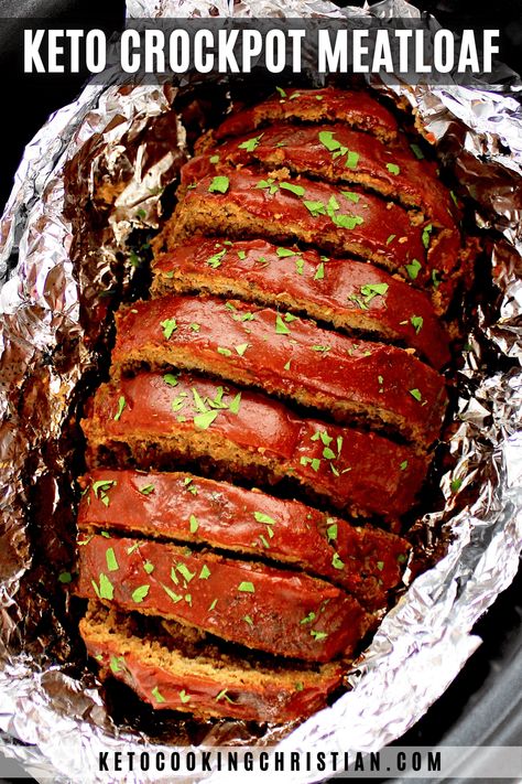 Keto Crockpot Meatloaf This Keto Crockpot Meatloaf features juicy ground beef packed with flavorful herbs and spices and topped with a tangy sugar-free tomato glaze. It's a moist and tender slow-cooked meatloaf that just melts in your mouth. #slowcookermeatloaf #crockpotmeatloaf #ketomeatloaf #lowcarbmeatloaf Keto Crockpot Meatloaf, Chicken Mississippi, Keto Meats, Crockpot Meatloaf Recipes, Low Carb Meatloaf, Crockpot Meatloaf, Traditional Meatloaf, Slow Cooker Meatloaf, Low Carb Crock Pot Recipes