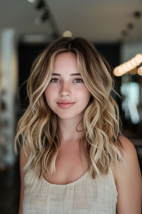 Woman with wavy blonde hair smiling in a brightly lit room. Long Layers Haircut For Thick Hair Wavy Shoulder Length, Medium Length Hair Choppy Layers, Long Hair Framed Face Haircuts, Medium Length Haircut For Volume, Haircut Ideas For Thick Wavy Hair, Shoulder Length Wavy Haircut, Medium Hair With Layers And Face Framing, Shoulder Length Hair With Face Framing, Natural Wavy Haircut