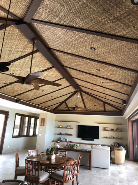 Cabana Matting For Sale - Lauhala Matting - BYXS Commercial House Design Wood, Bali Style Villa, Asian Houses, Villa House Design, Thailand House, Bamboo Roof, Bamboo Ceiling, Rattan Wall, Caribbean Style