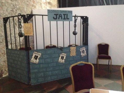 Another picture of jail/prison prop Prison Trunk Or Treat Ideas, How To Make A Jail Cell Prop, Halloween Prison Decorations, Haunted Jail Ideas, Cardboard Jail Cell, Western Jail Prop, Prison Break Party, Jail Cell Trunk Or Treat, Jail Break Theme