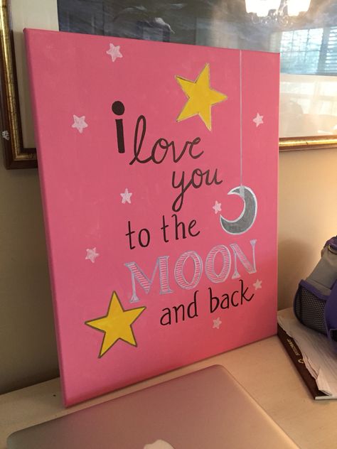 I love you to the moon and back on canvas Mom Painting Ideas Easy, Easy Love Canvas Painting, Things To Draw On A Big Canvas, I Love You Painting Canvases, I Love You To The Moon And Back Painting, Painting Ideas On Canvas For Mom, Paintings For Your Mom, I Love You Painting, Canvas Painting For Mom