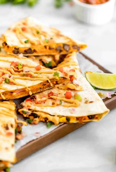 Vegan Sweet Potato Quesadillas - Eat With Clarity Quesadilla Photography, Potato Quesadilla, Vegan Tikka Masala, Sweet Potato Quesadilla, Best Vegan Cheese, Creamy Vegan Pasta, Photography Food Styling, Chickpea Burger, Cubed Sweet Potatoes