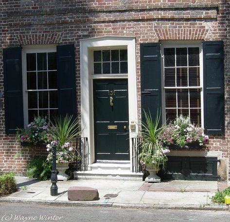 Brick House | Your Home & Color Coach Green Front Door And Shutters, Green Front Door Colors, Charleston Green, Green Front Door, Green Shutters, Trendy Door, Green Front Doors, Welcome Signs Front Door, Black Shutters