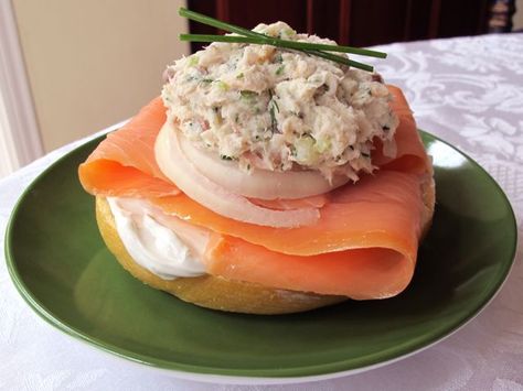 Whitefish Salad (in this picture it is served on top of an egg bagel with lox, cream cheese, and sliced onion.  Yum!) Smoked Fish Recipe, Whitefish Salad, Salmon Dip, Fish Salad, Smoked Fish, Kosher Recipes, Jewish Recipes, Inspired Recipes, Smoked Salmon