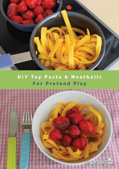 Create easy toy pasta and meatballs for pretend play Felt Dramatic Play Easy Diy, Felt Spaghetti And Meatballs, Diy Felt Pasta, Pretend Play Activities For Toddlers, Felt Toy Food, Felt Spaghetti, Diy Play Kitchen Accessories, Felt Noodles, Homemade Toys For Kids