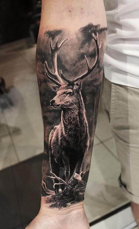 12+ Best Stag Sleeve Tattoo Ideas | PetPress Stag Tattoo Design, Deer Hunting Tattoos, Ryan Tattoo, Buck Tattoo, Natur Tattoo Arm, Wilderness Tattoo, Elk Tattoo, Deer Tattoo Designs, Stag Tattoo