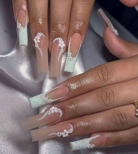 Nails Quinceanera, Sqaure Nails, Acrylic Nails Long, Nails Long Square, Quince Nails, Quinceanera Nails, 3d Flower Nails, Nails 3d, Glamour Nails