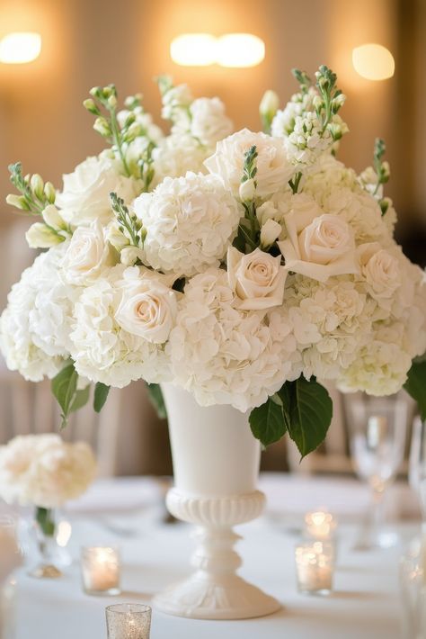 Crisp White Elegance Tall Wedding Table Centerpiece Centerpiece Stands Wedding, Peonies And Hydrangeas Centerpieces, Raised Centerpieces Wedding, White Wedding Floral Centerpieces, Hydrangea Table Centerpiece, Hydrangea Table Arrangements, White Hydrangea Centerpiece, Hydrangea Centerpiece Wedding, White Hydrangea Centerpieces