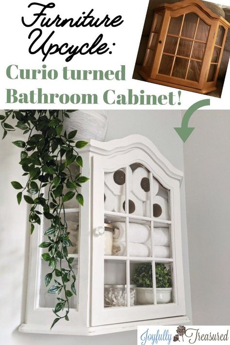 Create beautiful and functional bathroom storage with this simple furniture makeover! #bathoomideas #farmhousechic Similar to all the affordable lonely hutch tops, are small vintage curio cabinets. Can you picture it? My grandma has something like it filled with faberge eggs. They may be designed for knick knacks, but they also seem the perfect size for an above the toilet cabinet. I picked this one up for $20 last weekend! #furnitureflip #beforeandafter #frenchcountry #bathroomdi Vintage Cabinets Bathroom, Over Commode Storage Bathroom Ideas, Diy Cabinet Above Toilet, Diy Bathroom Shelf Above Toilet, Curio Cabinet Bathroom, Curio Cabinet In Bathroom, Above Toilet Storage Cabinet Diy, Bathroom Cabinets Above Toilet, Diy Over Toilet Storage