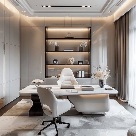 Office space - my sanctuary! Modern Luxe Home Office, Stunning Office Interiors, White Office Aesthetic, Cabinet Interior Office, Black And White Office Design, House Interior Office, His Hers Office, Director Room, Office Interior Design Luxury