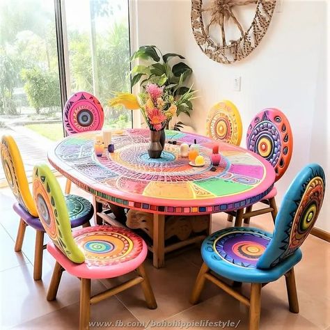 Dining Room Colours, Colourful Dining Table, Room Colours, Boho Dining Room, Whimsical Painted Furniture, Boho Room, Funky Furniture, Funky Painted Furniture, Balcony Decor