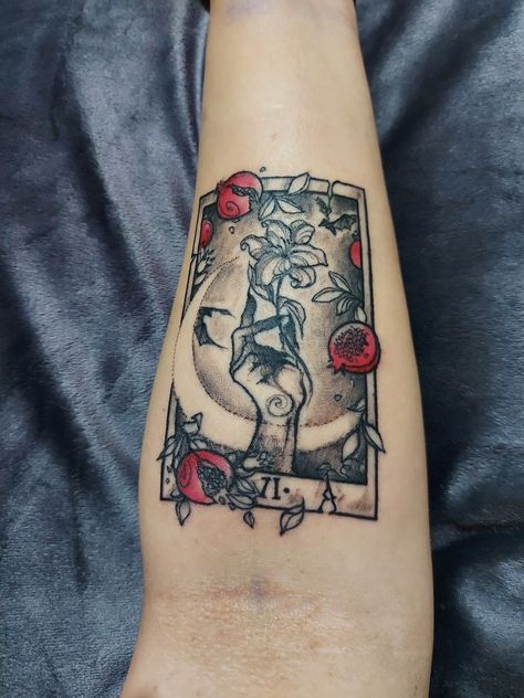 Hades Pomegranate Tattoo, Persephone Tarot Card Tattoo, Greek Hades Tattoo, Pomegranate And Narcissus Tattoo, Persephone Sleeve Tattoo, Greek Underworld Tattoo, Pomegranate Tattoo Meaning, Hades And Persephone Tattoo Simple, Hades Inspired Tattoo