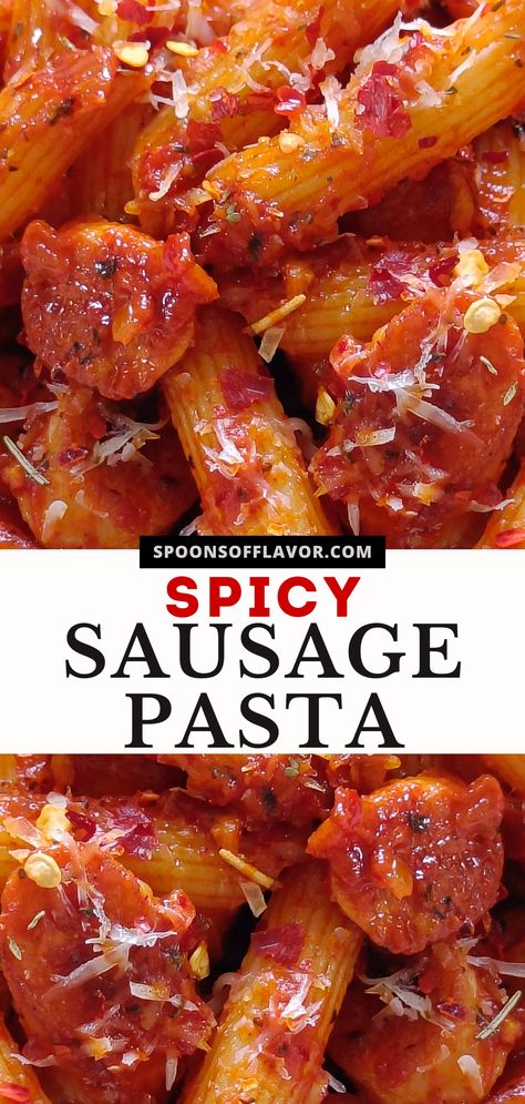 Image showing spicy sausage pasta served on a white plate. Spicy Sausage Pasta Recipes, Sauteed Sausage, Spicy Sausage Recipes, Penne With Sausage, Spicy Pasta Sauce, Sausage Penne Pasta, Sausage Pasta Sauce, Sausage Penne, Potluck Food