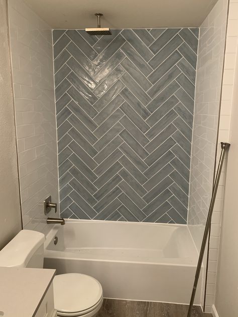 Bathroom With Multiple Tiles, Ombre Herringbone Tile, Villa Seaside Polished Ceramic Tile, Glass Herringbone Tile Bathroom, Seaside Polished Ceramic Tile Bathroom, Small Bathroom Herringbone Tile, Herringbone Tile Wall Bathroom, Herringbone Tile Tub Surround, Bathroom Remodel Herringbone Tile